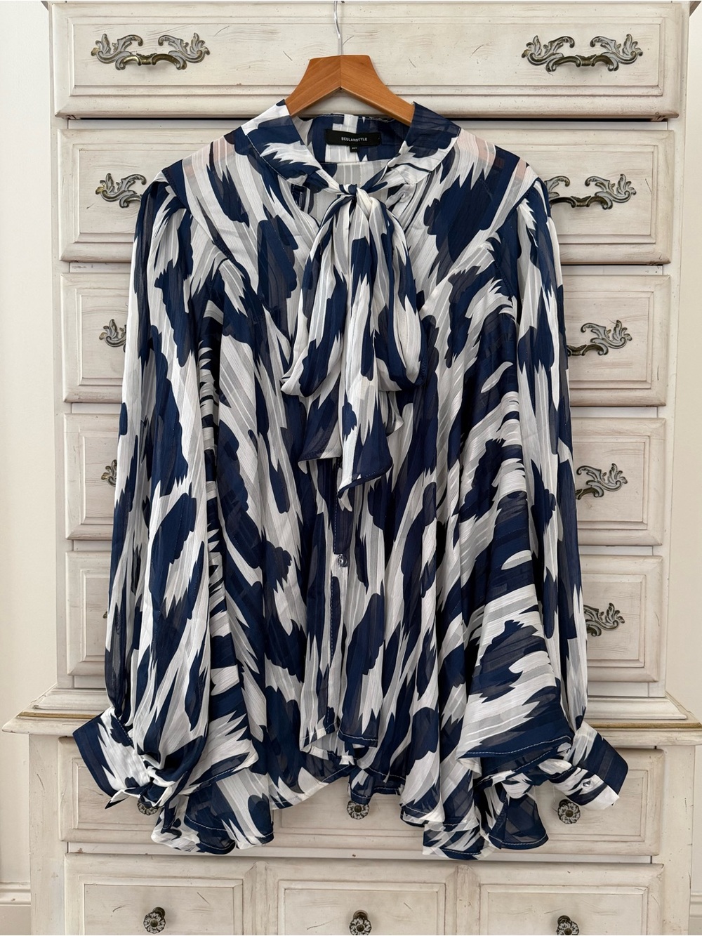 Beulah Navy White Boho Blouse Top